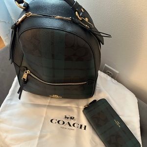 Coach green/black plaid coated canvas and leather backpack and matching wallet